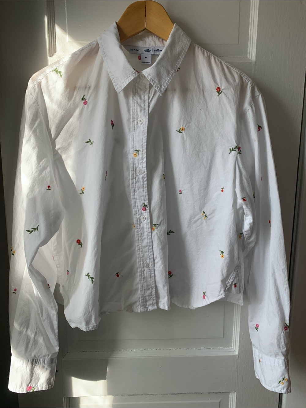 Old Navy White Button-Down Shirt with Tiny Floral Embroidery